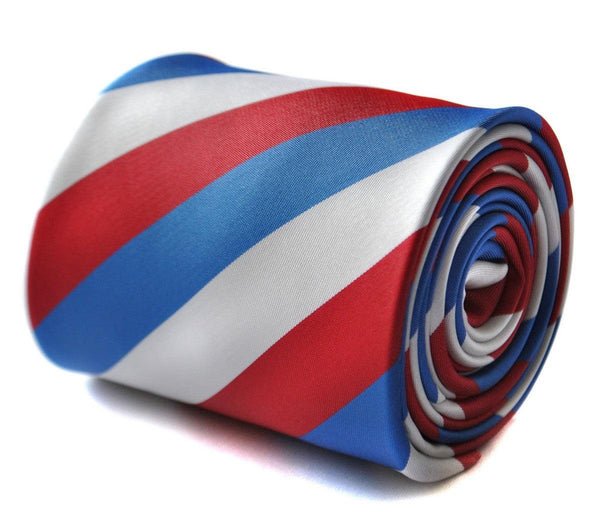red, blue and white striped tie